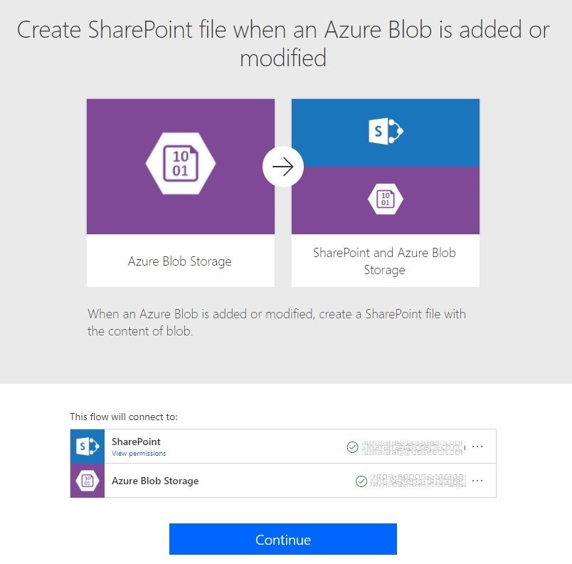 "Create SharePoint file when an Azure Blob is added or modified" flow describing the flow steps and the required connection setup page