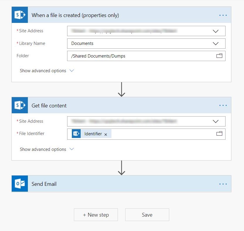 "Send me an email when a new file is added in SharePoint Online" flow Sharepoint steps setup page