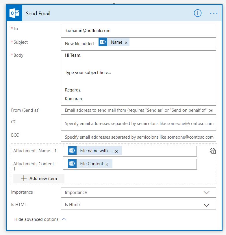 "Send me an email when a new file is added in SharePoint Online" flow Send email step setup page