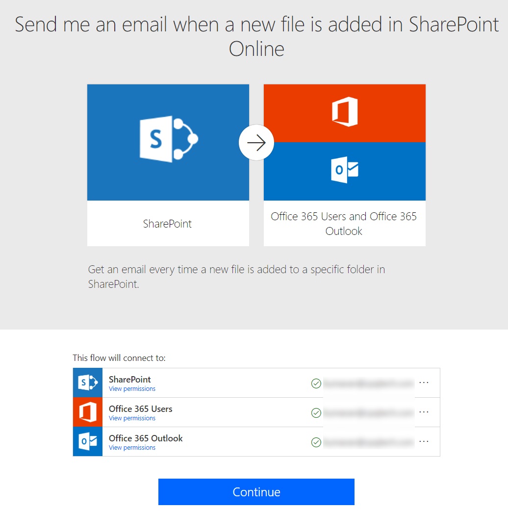 "Send me an email when a new file is added in SharePoint Online" flow describing the flow steps and the required connection setup page