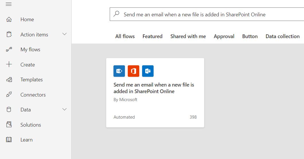 Microsoft Flow search template page with "Send me an email when a new file is added in SharePoint Online" flow template in the results section