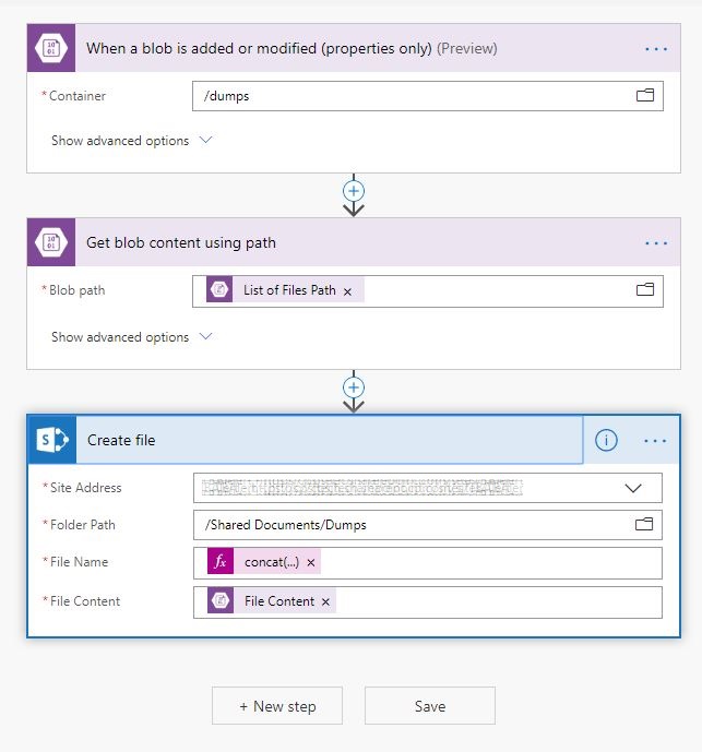 "Create SharePoint file when an Azure Blob is added or modified" flow steps setup page