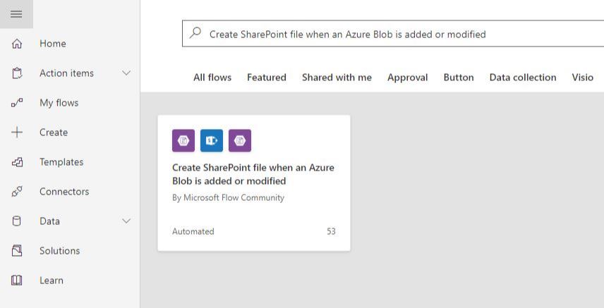 Microsoft Flow search template page with "Create SharePoint file when an Azure Blob is added or modified" flow template in the results section